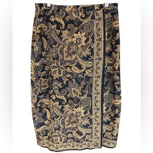 Talbots Petites Navy/Tan Paisley Silk Wrap Skirt Midi 10P Preowned